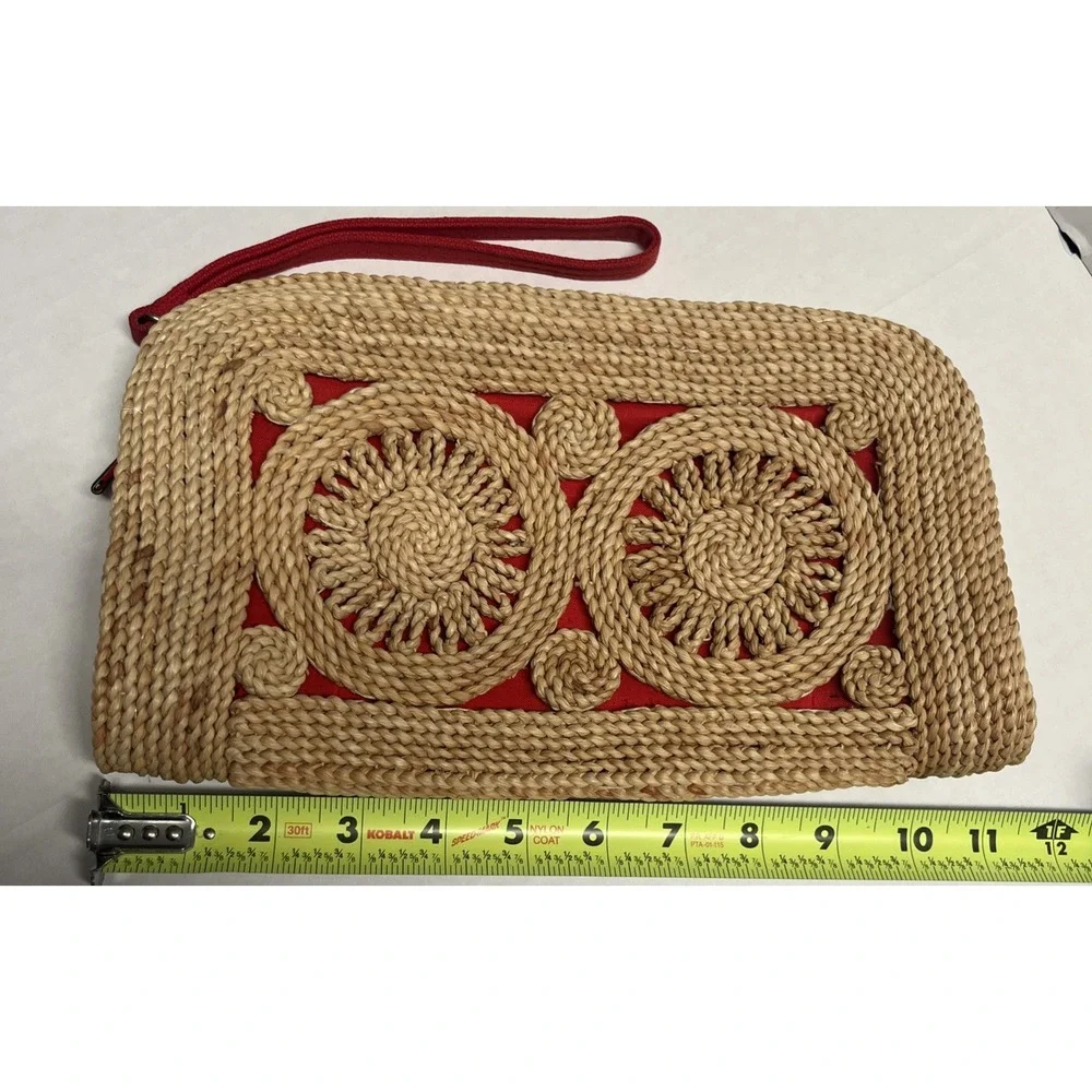 Vintage MCI Straw Clutch Wristlet Red Handwoven Raffia Boho Summer Bag 1970s